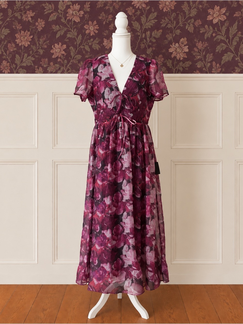 NWT Lulus Favorite RSVP Magenta Floral Organza Tie Front Midi Dress XL